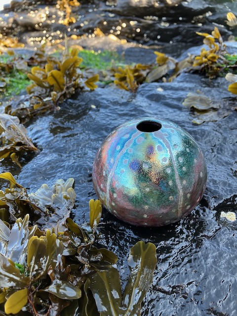 A shiny green ceramic sea urchin sits on wet black rocks surrounded by seaweed